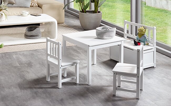 Ensemble table et chaises enfants premium avec banc coffre en bois