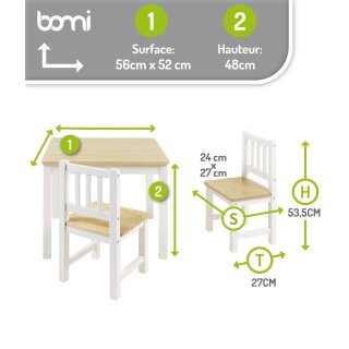 Mobilier Enfant Amy – Table & Chaises en Bois Naturel et Blanc