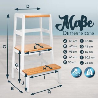 KIDUKU Lernturm Montessori Weiß/Natur – Learning Tower aus Holz – Küchenhelfer für Kinder – Kinder Tritthocker – Küchenlernturm bis 30 kg