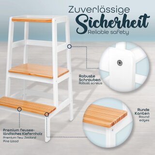 KIDUKU Lernturm Montessori Weiß/Natur – Learning Tower aus Holz – Küchenhelfer für Kinder – Kinder Tritthocker – Küchenlernturm bis 30 kg