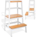 KIDUKU Lernturm Montessori Weiß/Natur – Learning Tower aus Holz – Küchenhelfer für Kinder – Kinder Tritthocker – Küchenlernturm bis 30 kg