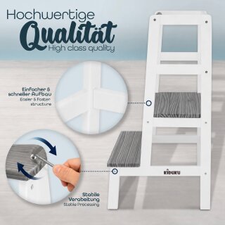 KIDUKU Lernturm Montessori Weiß/Grau – Learning Tower aus Holz – Küchenhelfer für Kinder – Kinder Tritthocker – Küchenlernturm bis 30 kg