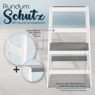 KIDUKU Lernturm Montessori Weiß/Grau – Learning Tower aus Holz – Küchenhelfer für Kinder – Kinder Tritthocker – Küchenlernturm bis 30 kg
