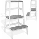 KIDUKU Lernturm Montessori Weiß/Grau – Learning Tower aus Holz – Küchenhelfer für Kinder – Kinder Tritthocker – Küchenlernturm bis 30 kg