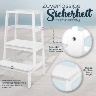 KIDUKU Lernturm Montessori Weiß – Learning Tower aus Holz – Küchenhelfer für Kinder – Kinder Tritthocker – Küchenlernturm bis 30 kg