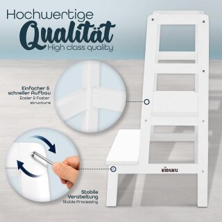 KIDUKU Lernturm Montessori Weiß – Learning Tower aus Holz – Küchenhelfer für Kinder – Kinder Tritthocker – Küchenlernturm bis 30 kg